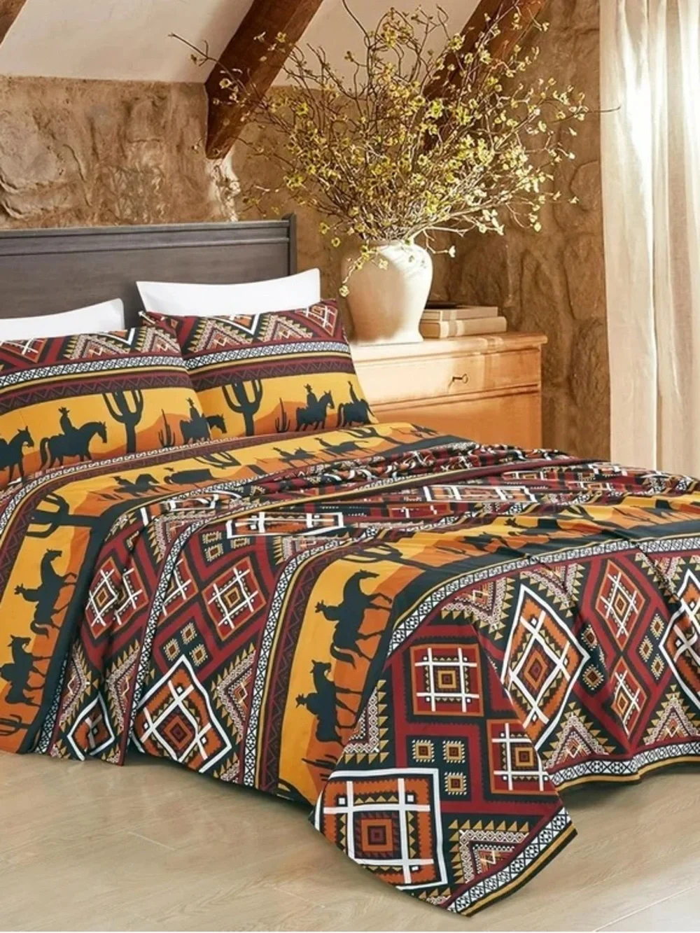 Southwest Western Print Twin 3 piece Bedding Set in Mustard and Rust by